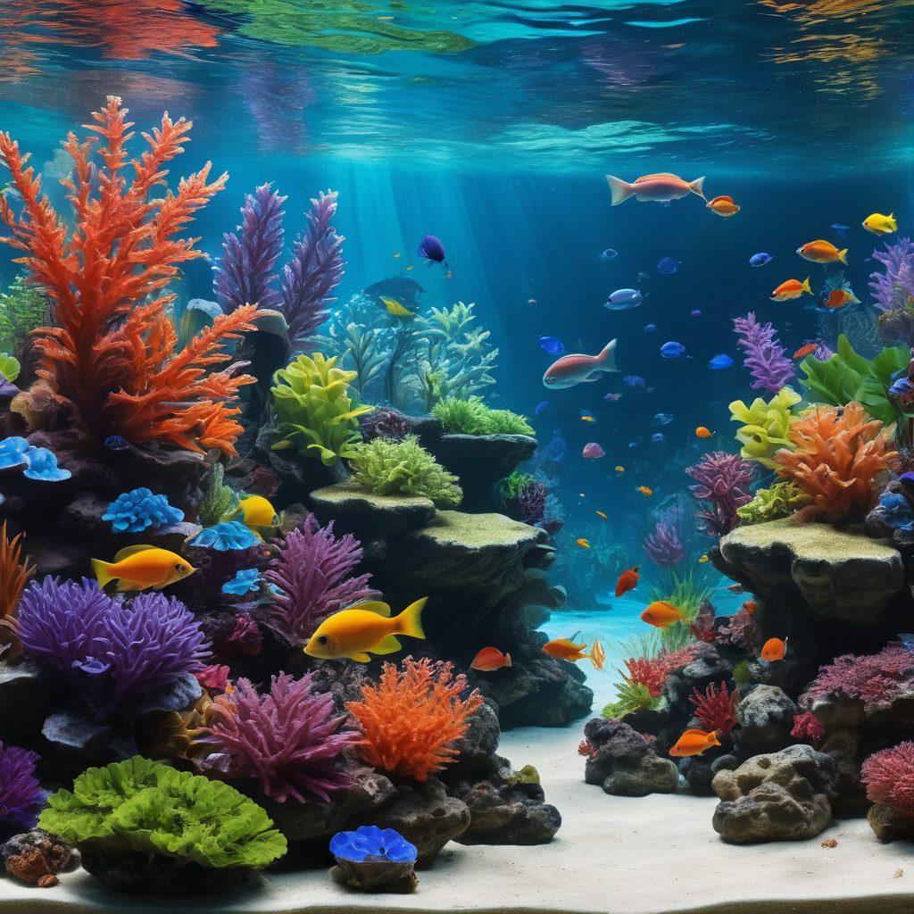 A vibrant underwater scene showcasing a diverse aquarium filled with both freshwater and marine fish, including colorful tropical fish and majestic marine creatures. In the background, a well-maintained aquatic landscape featuring plants and coral reefs. Soft light filtering through the water creates a serene atmosphere, while bubbles rise playfully. Emphasize the contrast between the freshwater and marine environments. super-realistic. vibrant colors. 3D.