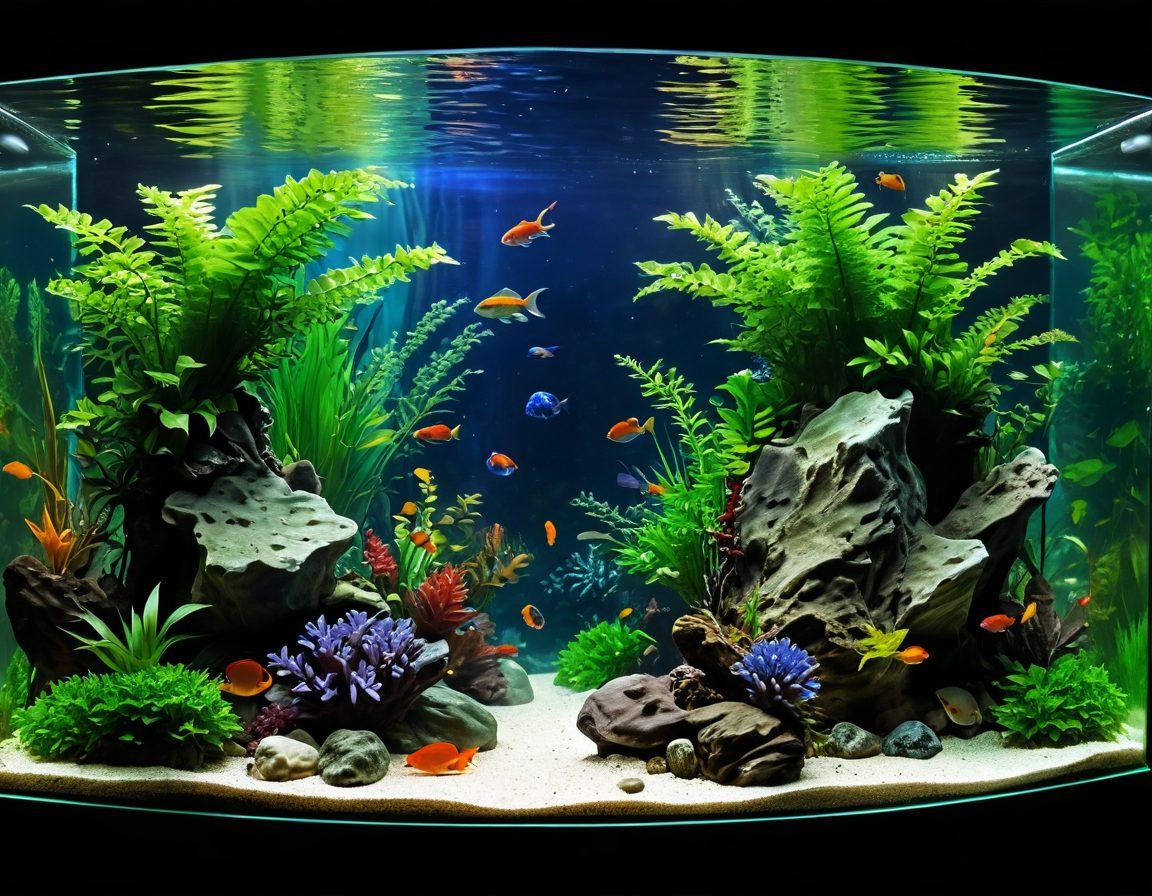 A serene underwater scene showcasing a vibrant aquatic ecosystem with lush green plants, colorful fish, and a well-designed rock structure. Include a well-maintained aquarium with bubbling filters and beautiful aquatic flora. Highlight the balance of nature and the intricate details of different species cohabitating. The lighting should mimic natural sunlight filtering through water, creating a tranquil ambiance. super-realistic. vibrant colors. 3D.